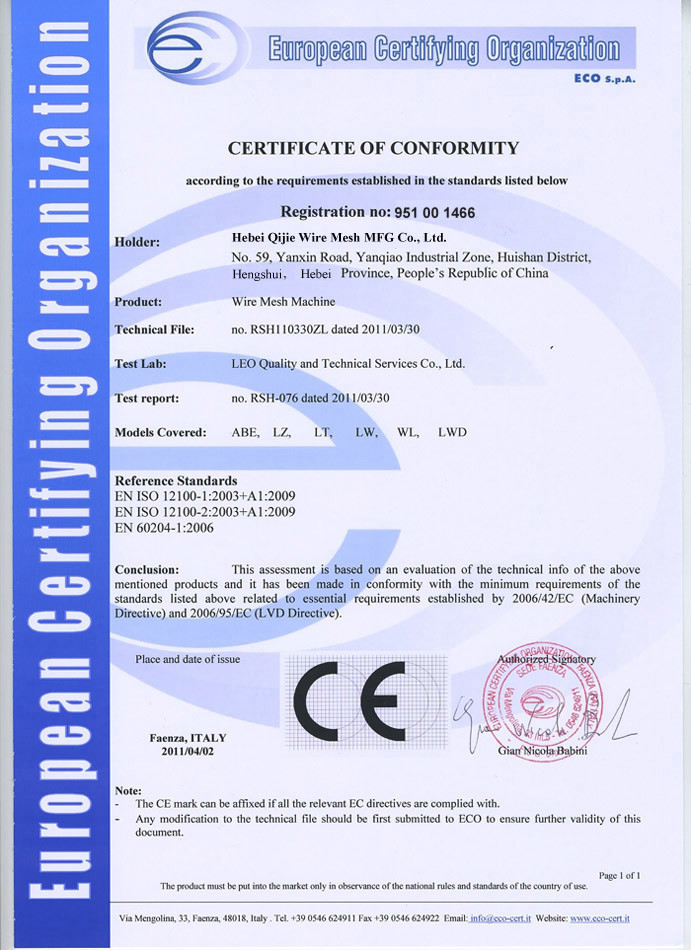 China Hebei Qijie Wire Mesh MFG Co., Ltd Certificações